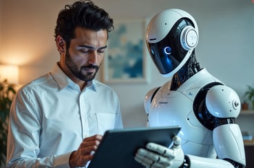 Homme barbu en chemise blanche consultant une tablette aux côtés d’un robot humanoïde blanc et noir, illustrant l’interaction homme-machine et l’intelligence artificielle.
