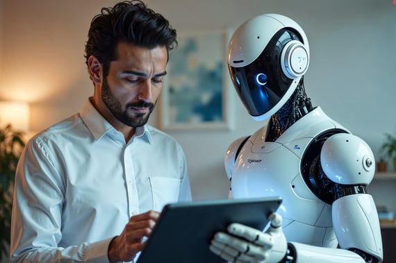 Homme barbu en chemise blanche consultant une tablette aux côtés d’un robot humanoïde blanc et noir, illustrant l’interaction homme-machine et l’intelligence artificielle.
