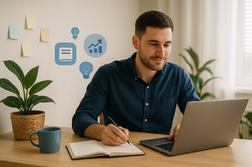 personne devant son ordi en train de prendre des notes