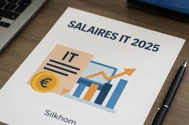 Document imprimé intitulé 'Salaires IT 2025 : ce qu’il faut retenir du baromètre Silkhom', posé sur un bureau en bois avec un ordinateur portable et un stylo. Le visuel inclut une pièce euro, un graphique en barres et une flèche ascendante symbolisant l’augmentation des salaires.