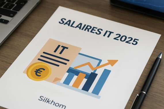 Document imprimé intitulé 'Salaires IT 2025 : ce qu’il faut retenir du baromètre Silkhom', posé sur un bureau en bois avec un ordinateur portable et un stylo. Le visuel inclut une pièce euro, un graphique en barres et une flèche ascendante symbolisant l’augmentation des salaires.