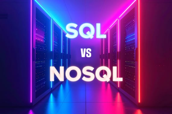 Illustration colorée de serveurs informatiques avec éclairage néon bleu et rose, affichant le texte SQL vs NoSQL pour comparer les types de bases de données.
