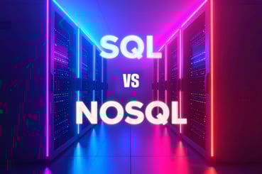 Illustration colorée de serveurs informatiques avec éclairage néon bleu et rose, affichant le texte SQL vs NoSQL pour comparer les types de bases de données.
