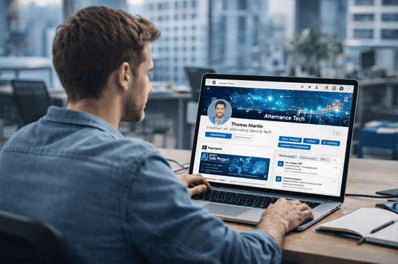 Jeune homme en train de mettre à jour son profil Linkedin. 