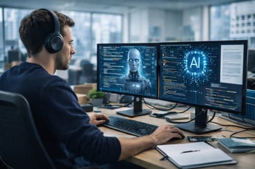 Jeune homme travaillant devant un ordinateur. 