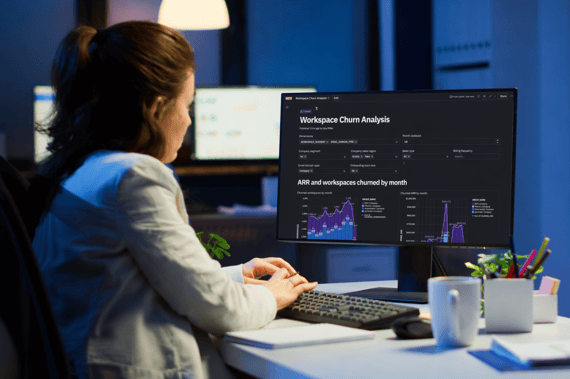 Femme derrière son écran d'ordinateur en train de travailler sur des tableaux d'analyse. 