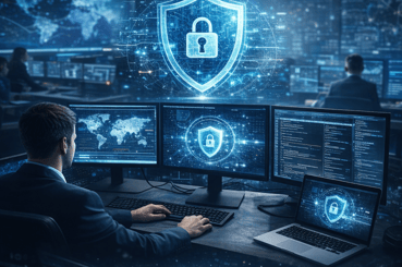 Un homme travaille devant trois écrans d'ordinateurs avec un logo de cadenas pour représenter la sécurité informatique.