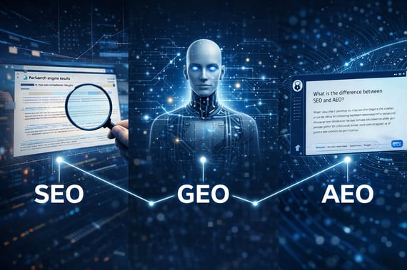 Triptyque présentant les SEO, le GEO et l'AEO. 