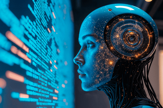 Portrait de profil d'un androïde cybernétique à la peau bleue transparente, observant un écran rempli de lignes de code numériques lumineuses.