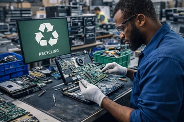 Un homme répare le contenu d'un ordinateur pour lui donner une seconde vie. 