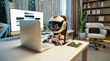 Un petit robot devant un ordinateur pour représenter l'agent IA. 