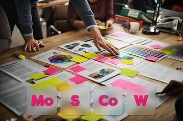 Réunion d’équipe autour d’une table de travail couverte de documents, de graphiques et de post-its colorés représentant la méthode MoSCoW de priorisation (Must have, Should have, Could have, Won’t have).