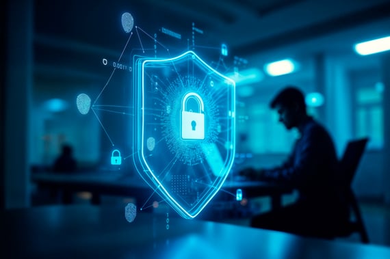 Illustration de cybersécurité avec un cadenas numérique sur un écran holographique, symbolisant la protection des données et la sécurité informatique.