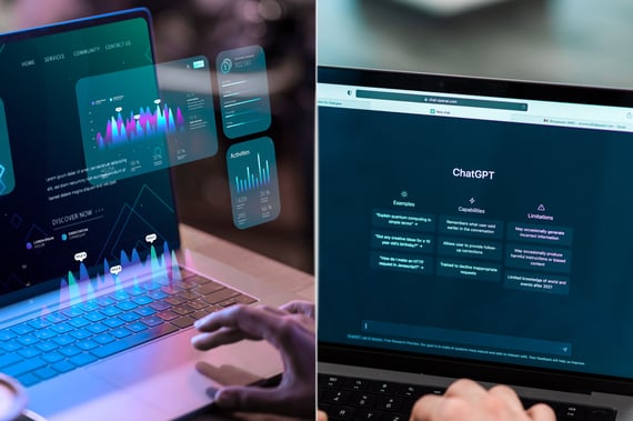 Comparaison entre l’utilisation de l’IA pour l’analyse de données (dashboard interactif avec graphiques sur ordinateur portable) et l’interface de ChatGPT affichant ses exemples, capacités et limites.