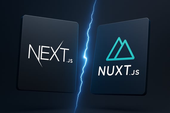 Image en fond noir avec deux logo en opposition : next.js et nuxt.js